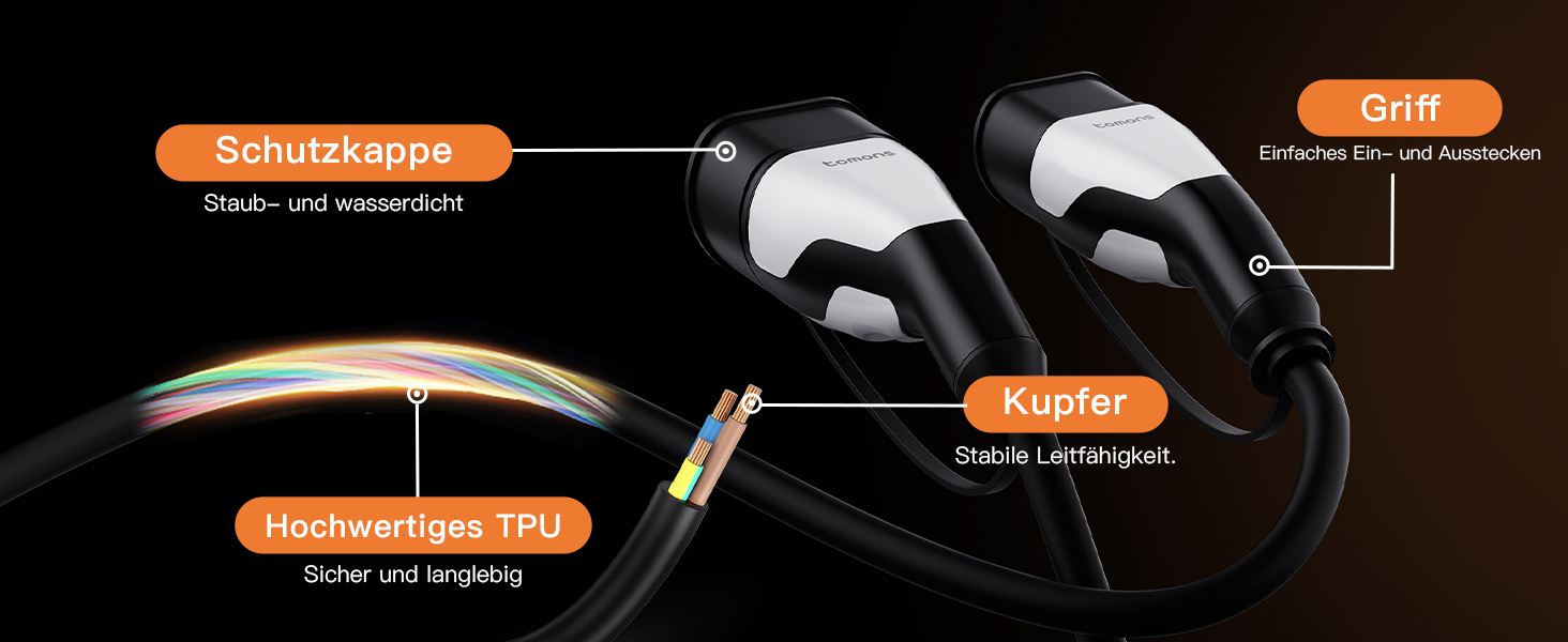 Кабель зарядки Tomons Typ 2 (32A, 22kW, 5м) для електромобілів (EV/PHEV) з тримачем та мікрофіброю. Сумісний з Model S/3/X/Y, ID.3, ID.4