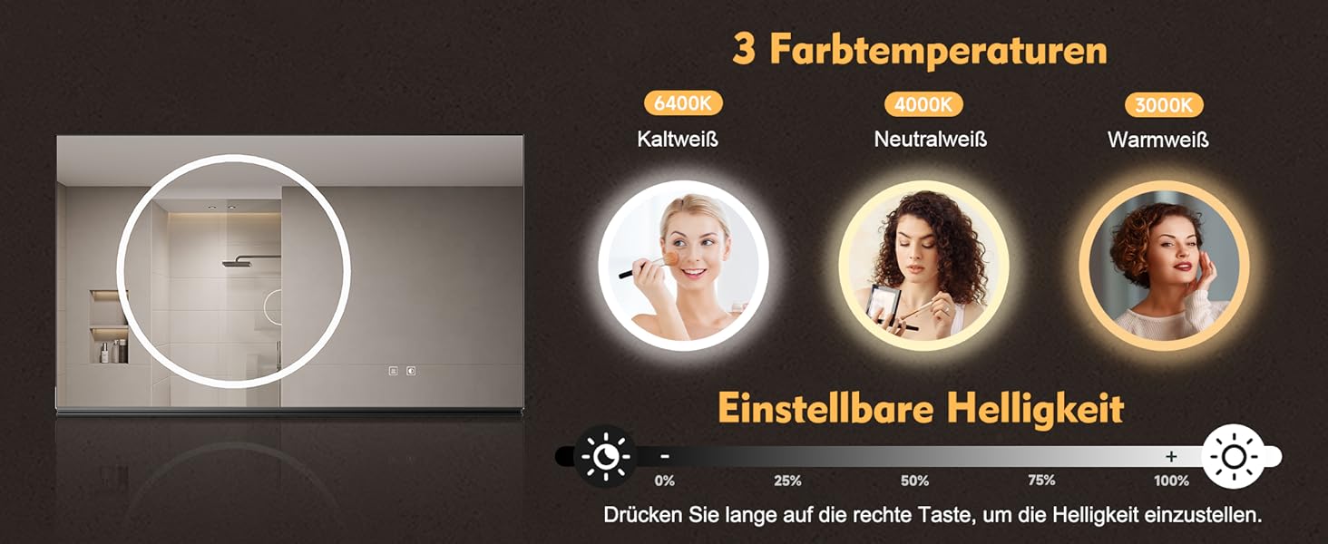 Дзеркало для ванної кімнати SONNI з підсвічуванням 120x60 см, 3 кольори світла, антизапар, годинник, температура, LED, сенсорне керування, білий