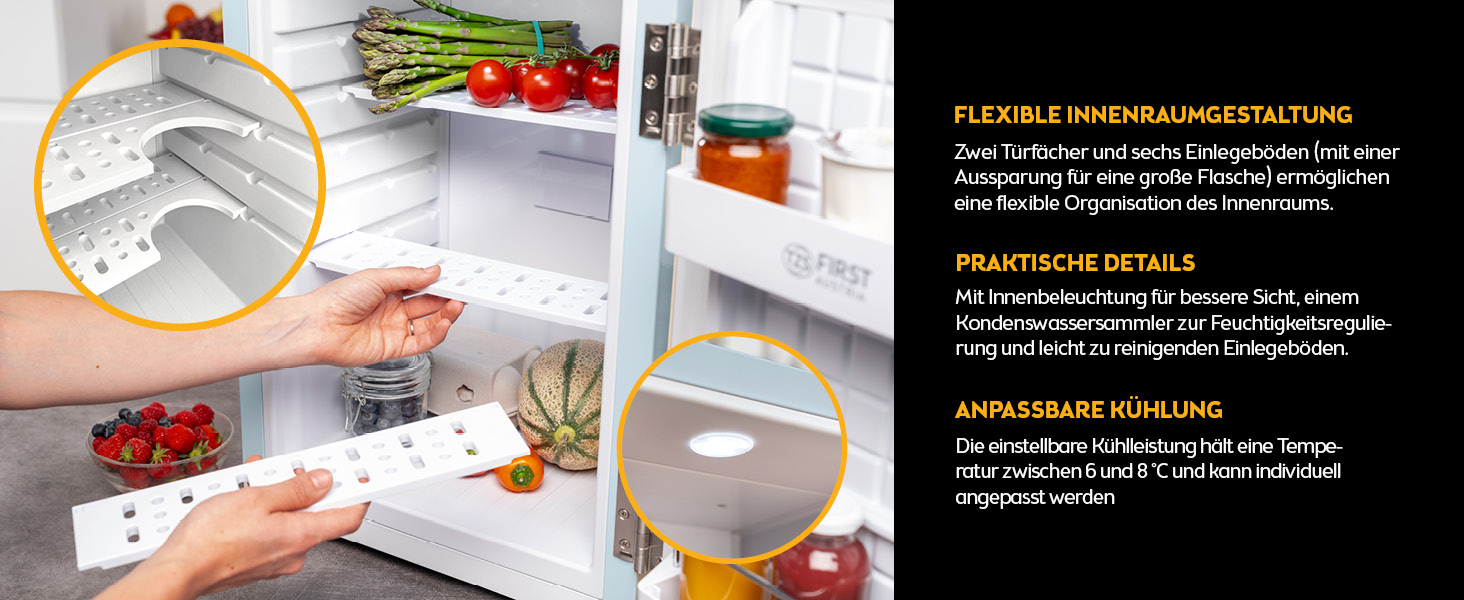 Холодильник мініатюрний TZS First Austria Retro 40L, блакитний. Безшумний, з підсвіткою та 2 полицями. Ідеально для кемпінгу, офісу, спальні, готелю.