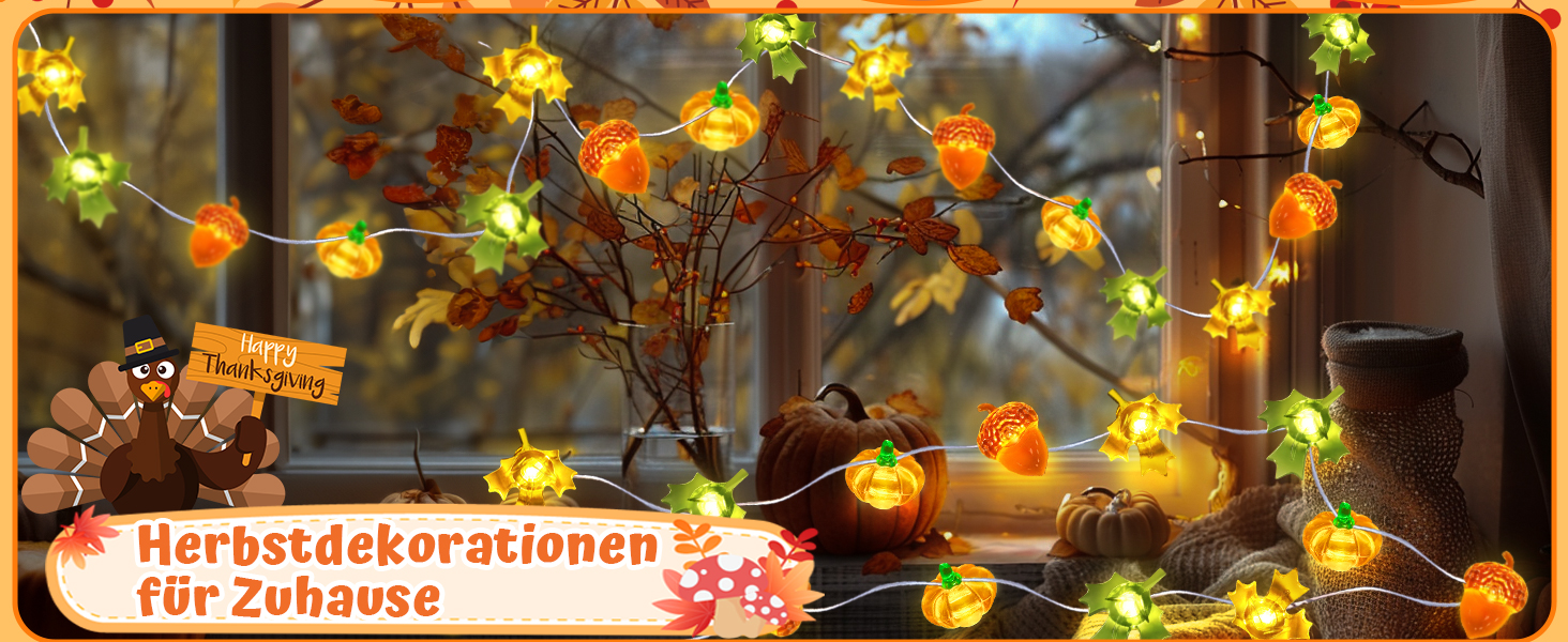 Льорочка декоративна LED, 3м, 30LED, з гарбузами, кленовим листям та жолудями для прикраси інтер'єру та екстер'єру, на батарейках. Ідеально для осіннього декору, Дня подяки, Хелловіну.