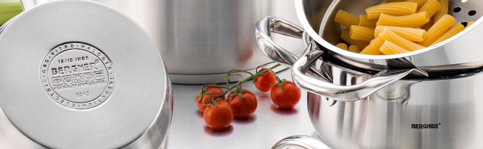 BERGNER Gourmet | Stockpot with Glass Lid | 8 L Capacity | Made of Stainless Steel | Ergonomic Handles | Kitchen Appliances | Suitable for All Cooktops (24 x 5.5 CM)
