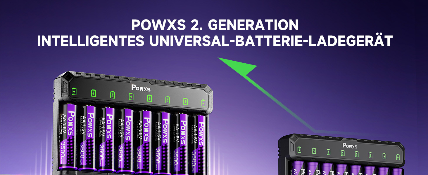 POWXS 8 x AA 3500mAh літієві акумулятори з 8-портовим швидким зарядним пристроєм з LCD-дисплеєм | Швидка зарядка та стабільна напруга 1.5V | Для геймпадів, LED-ліхтарів, пульт дистанційного керування