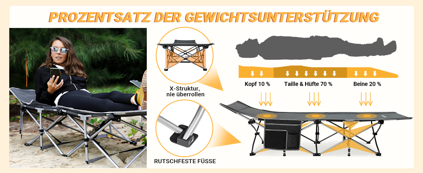 Розкладне ліжко для кемпінгу KingCamp - легке, портативне, з кишенею, 190x67 см, чорно-сірий годинниковий візерунок