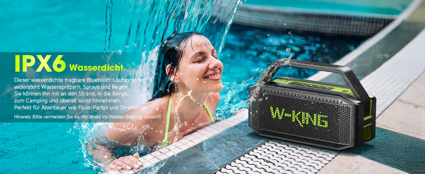W-KING Bluetooth колонка 100W (60W) IPX6, портативна, глибокий бас, до 40 годин, TF/AUX/EQ, зелена