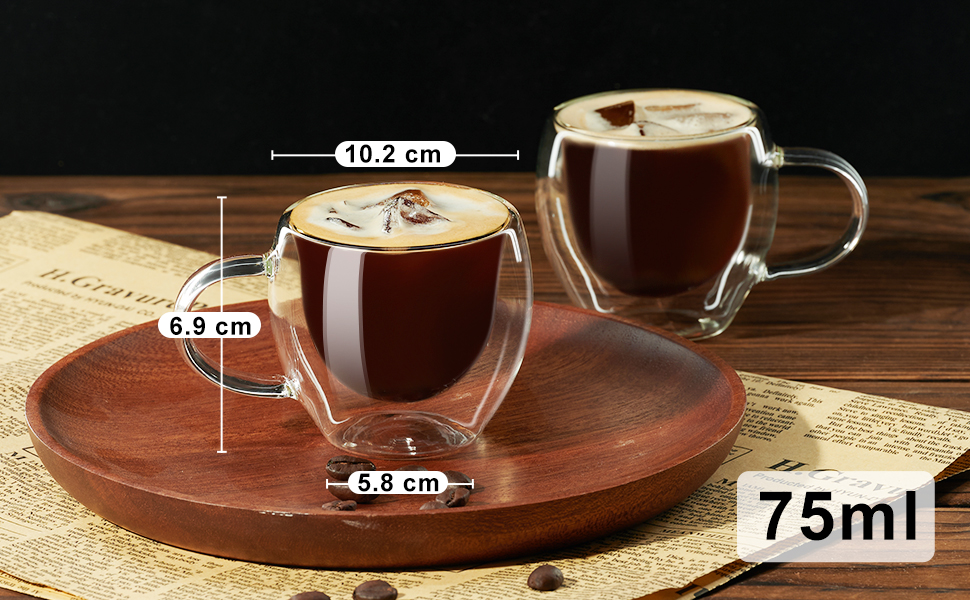 Набір з 2 еспресо-чашок PARACITY, подвійні стінки, 75 мл, з ручкою, з боросилікатного скла, аксесуари для еспресо