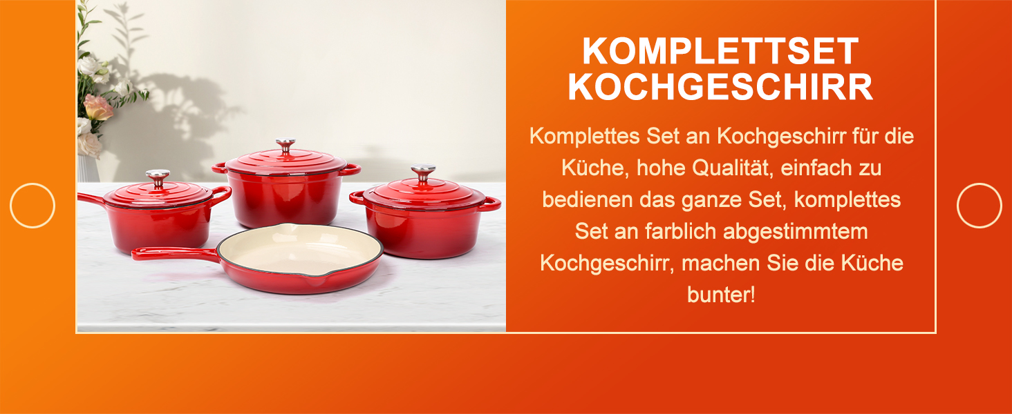Набір чавунної емальованої посуду Denmay 7 предметів: голландська піч, сковорода, каструля для тушкування, соусник, 3 кришки, червоний. Підходить для всіх типів плит.