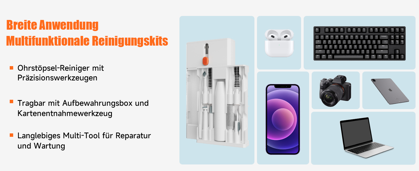 Набір для чищення гаджетів 22-в-1: навушники, телефони, клавіатури, камери, монітори, планшети, автоекрани. З щіткою та спреєм