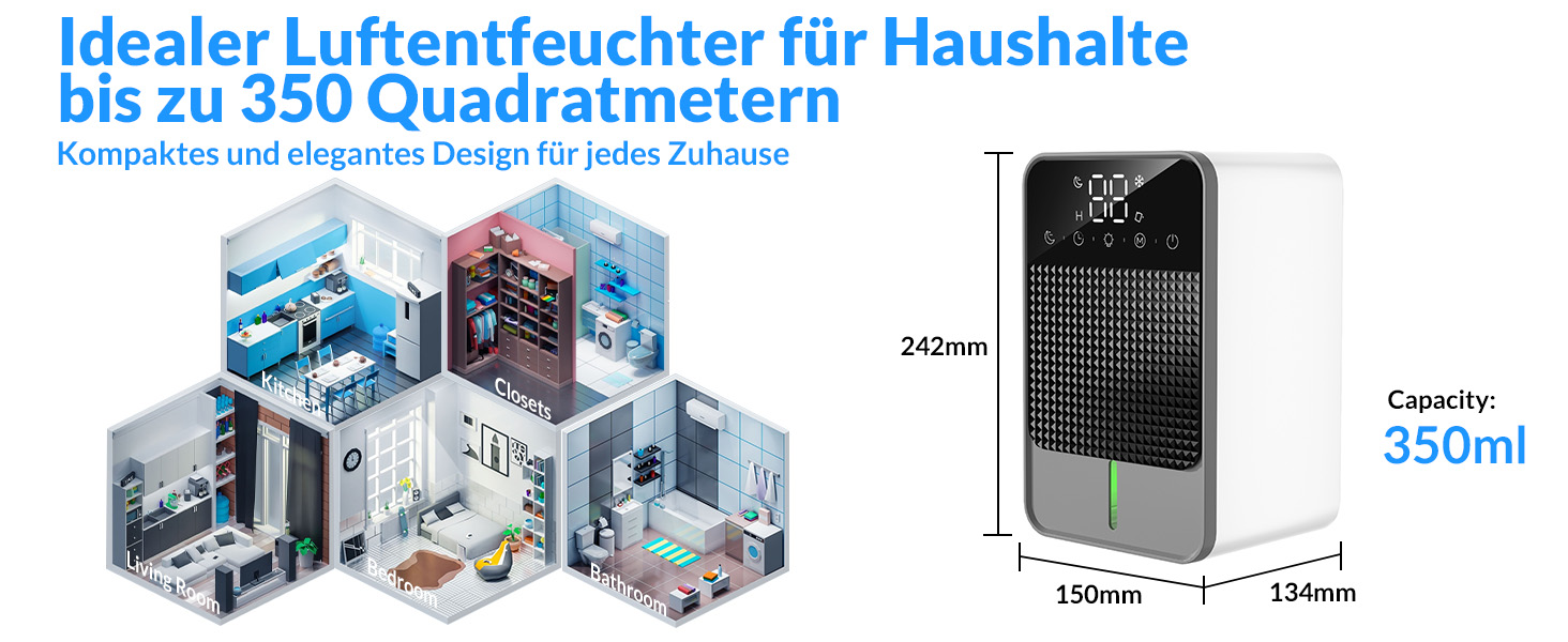Електричний осушувач повітря Jialexin 1500 мл, портативний, тихий, з автовимкненням для квартири, ванної кімнати, підвалу та кухні