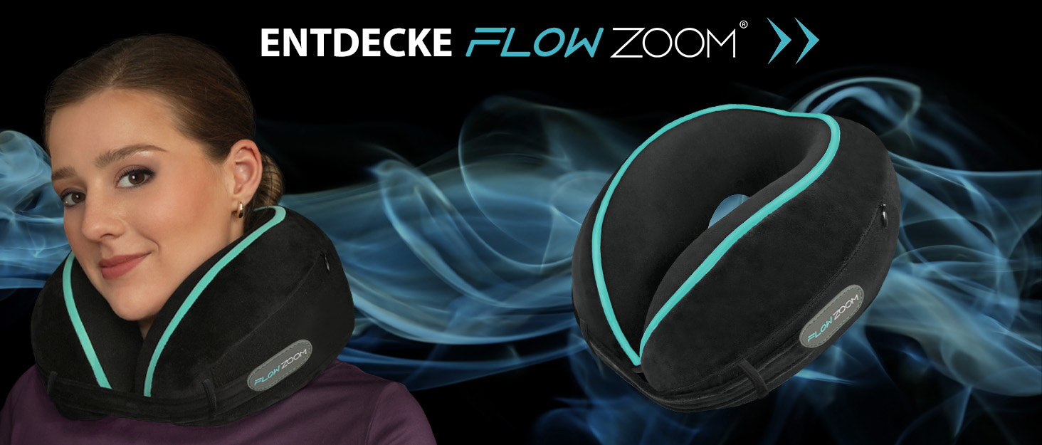 Подушка для шиї FLOWZOOM Comfy для подорожей: регульована, з memory foam, для автомобіля та літака, 360° підтримка, дихаючий чохол, з транспортним мішечком, сіра (Dream - чорна)