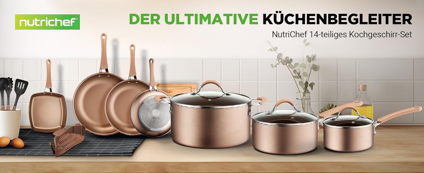 Набір посуду NutriChef для індукції та всіх типів плит, 14 предметів, антипригарне покриття без PFOA/PFOS, сталь та алюміній, золотий