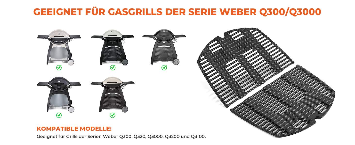 Решітка для гриля Weber Q300, Q320, Q3000, Q3100, Q3200 Onlyfire - чавун, заміна 7646 (2 шт.)