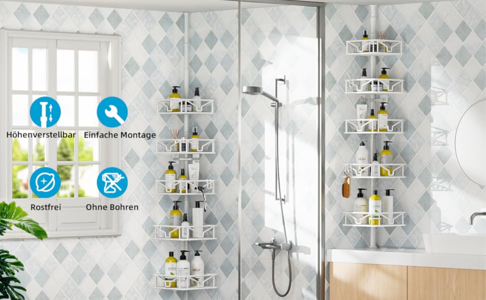 Кутовий телескопічний поличний органайзер для душу Bomclap з 5 кошиками, металевий, регульована висота 106-287 см, для ванни та душу, без свердління, білий