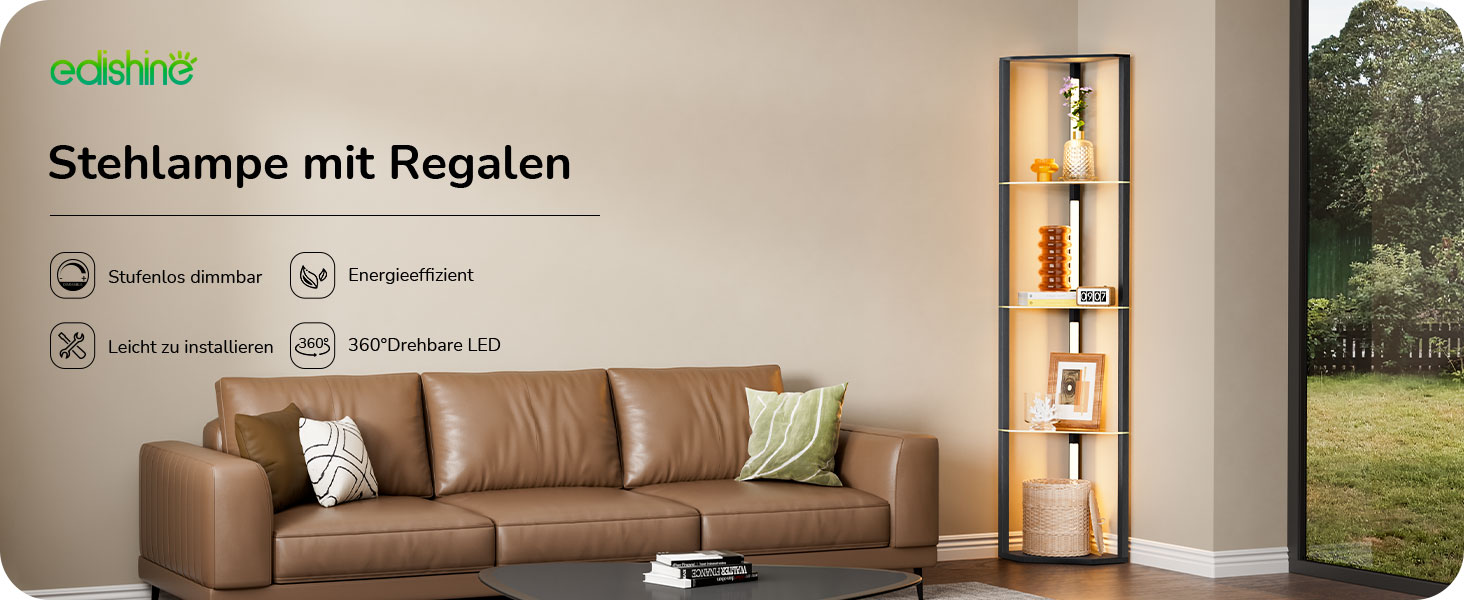 Стійка лампа EDISHINE з 4 полицями з дерева, LED диммер, 3 колірні температури, поворотний світловий маніпулятор, підсвічування полиць, футовий вимикач (чорний+скло)