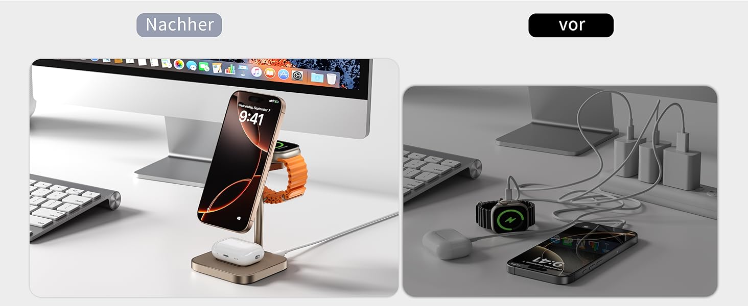 Станція зарядки LULULOOK Qi2 MagSafe 3 в 1 з алюмінію для Apple Watch та iPhone з підтримкою швидкої зарядки 15W (для iPhone 17 Pro Max/17 Pro/17 Air/17) та 5W (для Apple Watch Ultra, AirPods), титан