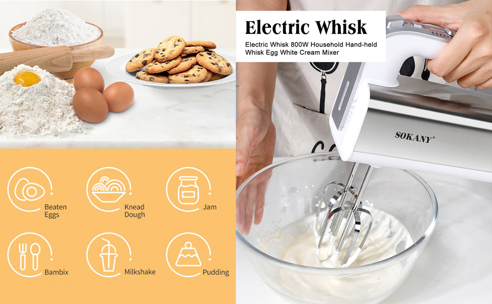 Міксер SOKANY 800W з нержавіючої сталі, 5 швидкостей, 2 гачки для тіста та 2 вінчики (Cx-6651w White)