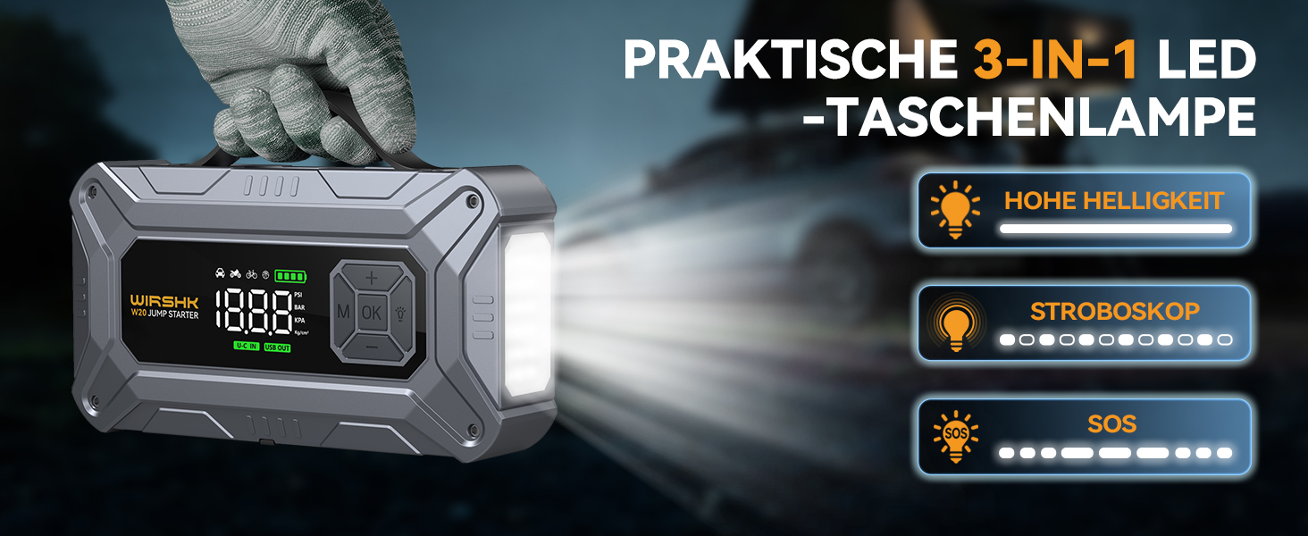 Портативний пусковий пристрій 8000A з повітряним компресором 160 PSI для бензинових та дизельних двигунів (до 10 л), з дисплеєм та аварійною світлодіодною лампою