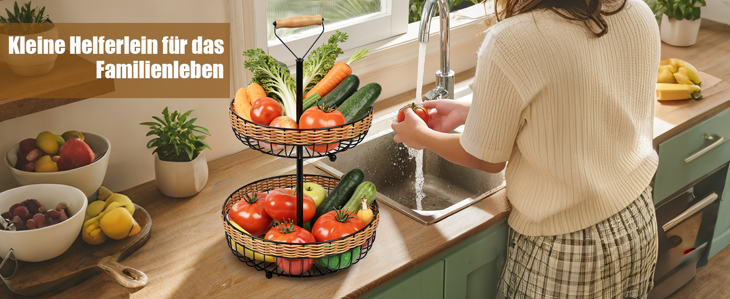 Двоярусний кошик для фруктів LEEJARD з синтетичного ротангу, знімний піддон, чорний (H:45 Dm:29 см)