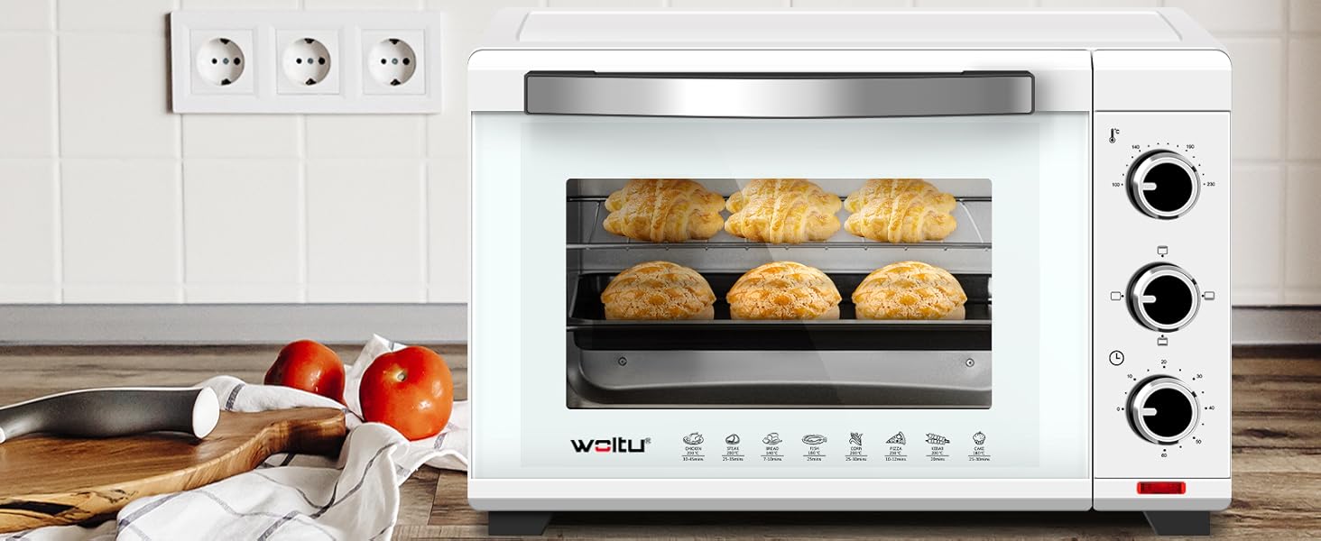 Міні-піч WOLTU 28 л, піч для піци 1600 Вт, 100-230°C, таймер 0-60 хв, 3 режими нагріву, з деко, решіткою, підсвічуванням крихт, підйомником решітки, для випікання, запікання, розморожування, підігріву (біла)