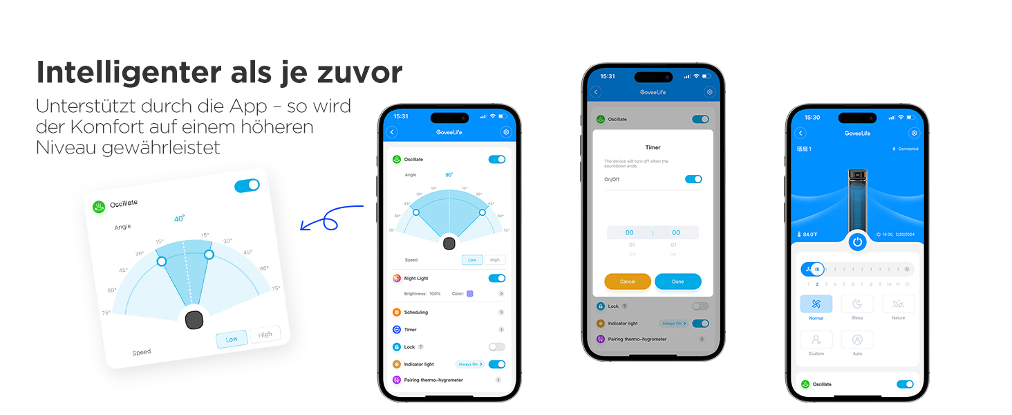 GoveeLife вентилятор Leiser: 12 швидкостей, 8 м/с, 5 режимів, таймер, осциляція 150°, керування через додаток/голос, чорний матовий