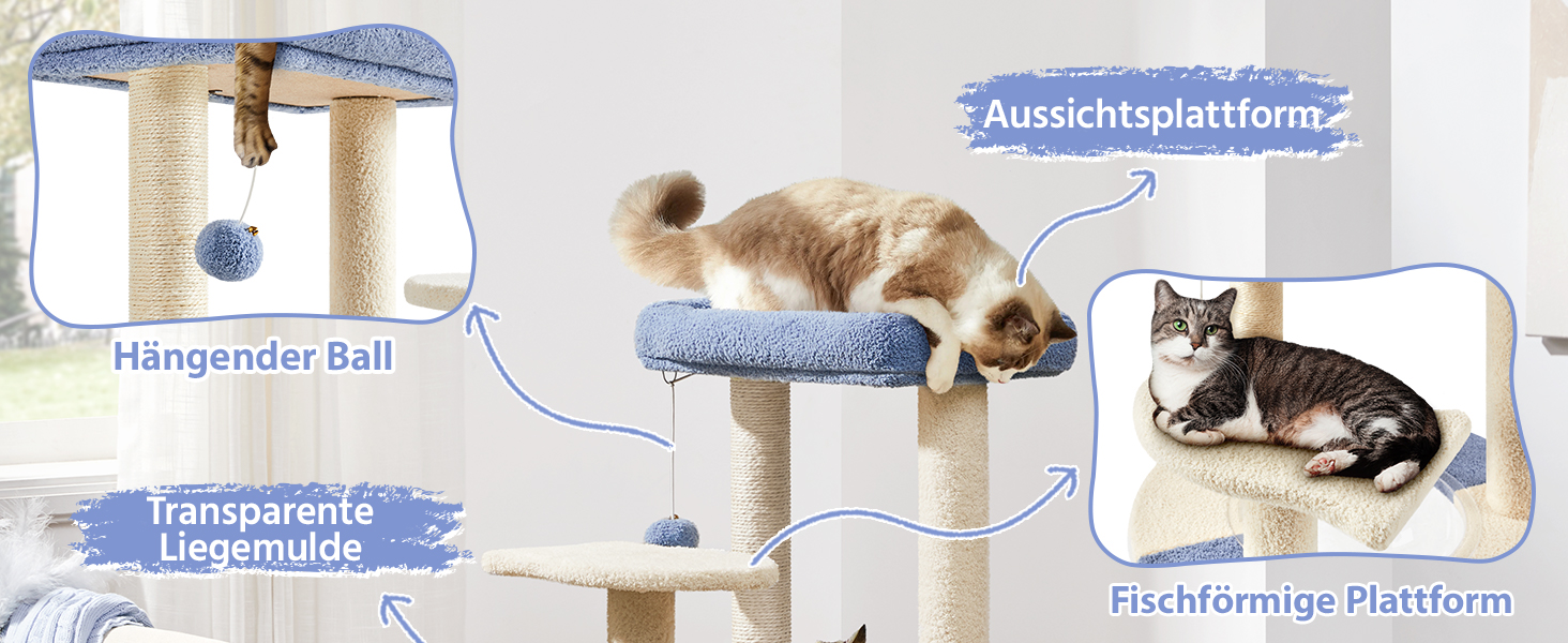 Yaheetech Cat Tree, Ocean Design Cat Tree, Cat Scratching Post, with Platform Space Capsule Sisal Pillars, Stable Climbing Tree for Cats, Blue/Beige