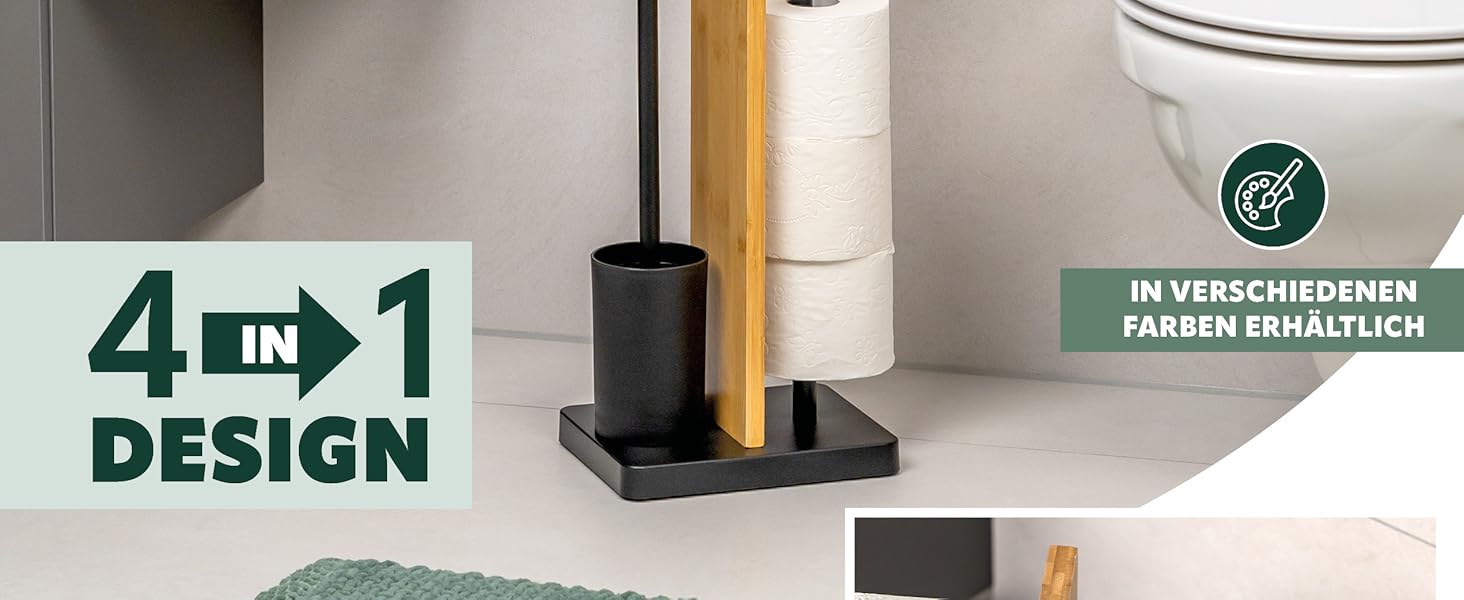 Набір для туалету Eluno Stand-WC 4в1: щітка, тримач туалетного паперу, полиця, бамбук/метал (чорний)