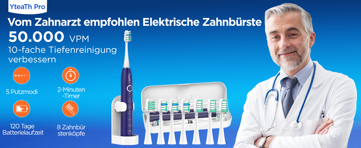 Електрична зубна щітка зі звуковими вібраціями, 8 насадок (3 типи), таймер, 120 днів роботи від акумулятора, 5 режимів чищення, чохол для подорожей, док-станція, фіолетовий колір
