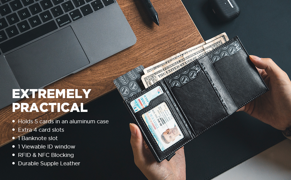 Чоловіче шкіряне картхолдер VULKIT з RFID-блокуванням, відділенням для грошей та візитки, Navy Blue