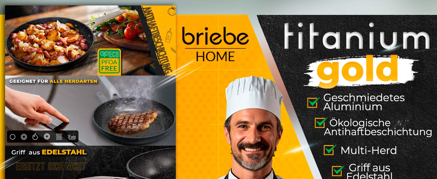 Набір сковорідок Briebe Gold Titanium Set (3 шт.) з титановою поверхнею, антипригарне покриття, для індукційних плит, діаметр 18-20-24 см, коване алюміній, без PFOA, професійні ручки з нержавіючої сталі, сумісний з газовими та склокерамічними плитами