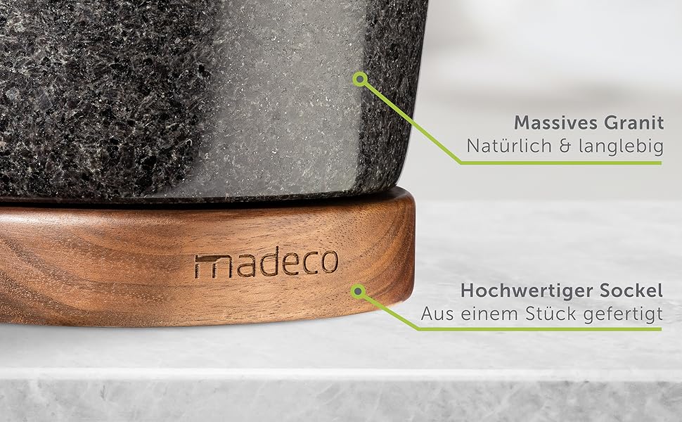 Кам'яний ступка з товкачем madeco з граніту на дерев'яній підставці з горіха, діаметр 14,5 см — для спецій, трав і горіхів, дизайнерський набір ступка та товкач