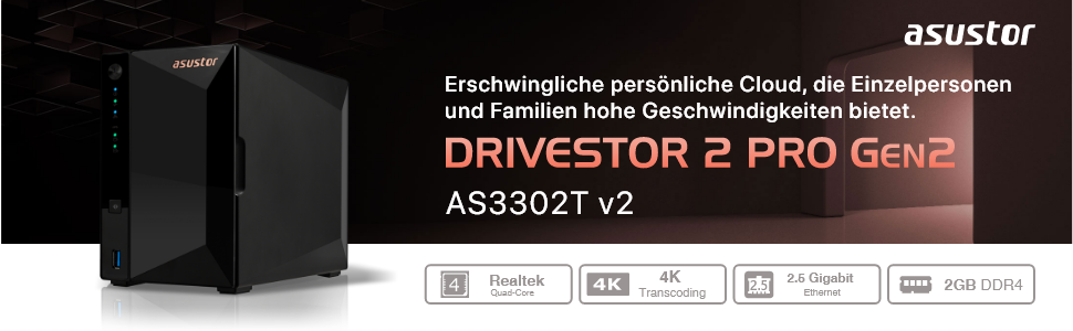 Asustor Drivestor 2 Lite AS1102TL - NAS сервер, 2 відсіки, 1 ГБ RAM DDR4, 1GbE порт