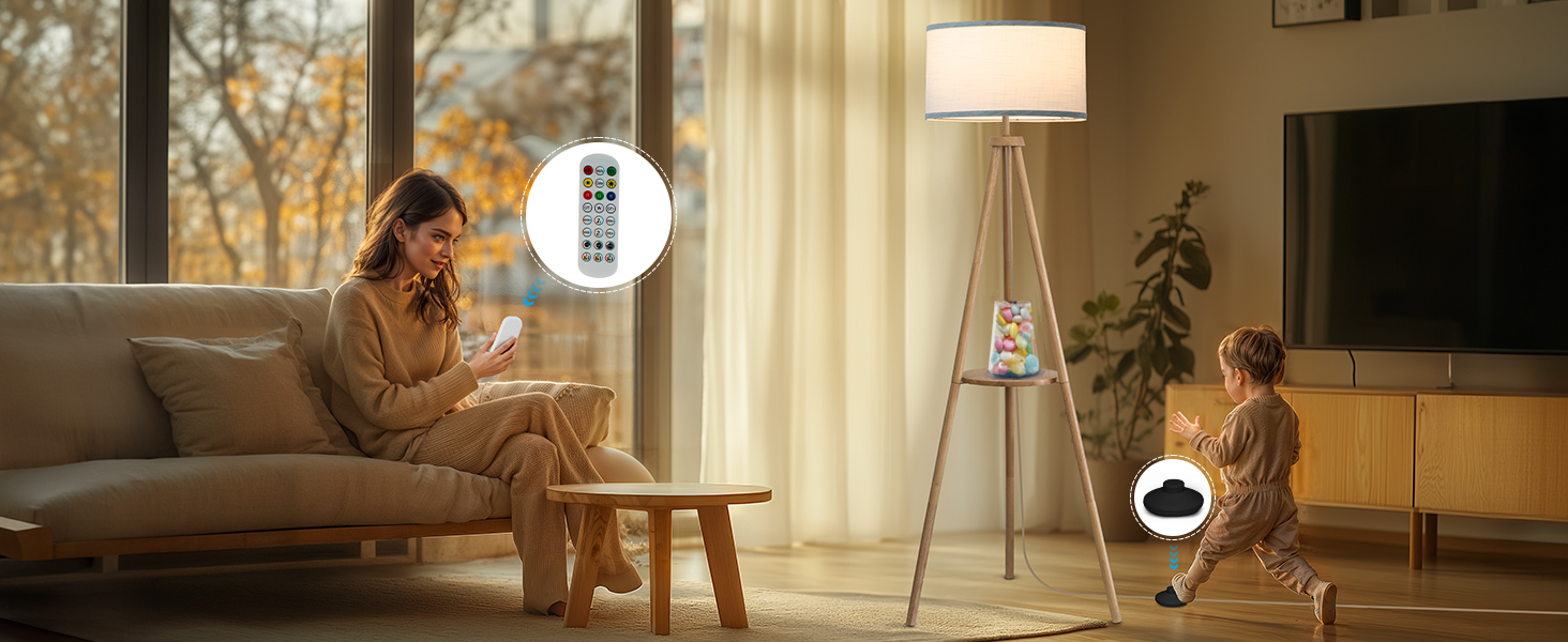 Стельова лампа на тренозі з полицею, з пульт керування, 3 колірні температури, для вітальні, спальні, офісу, бежевий абажур, стиль бері, декор