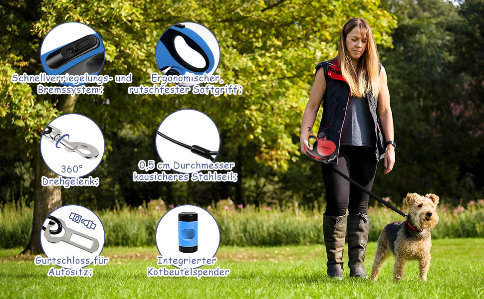 Висувна поводок для собак VTOPVMAX - для середніх та великих собак до 50 кг, міцна висувна стрічка, безпечний кабель, диспенсер для відходів, гальмо однією рукою (білий) (8 м, блакитний)