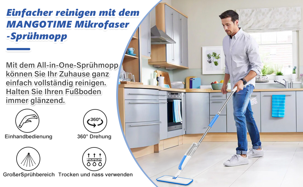 Швабра з розпилювачем MANGOTIME: швабра з розпилювачем, моп, швабра для підлоги з баком для води та 3 насадки для миття більшості поверхонь (біла)