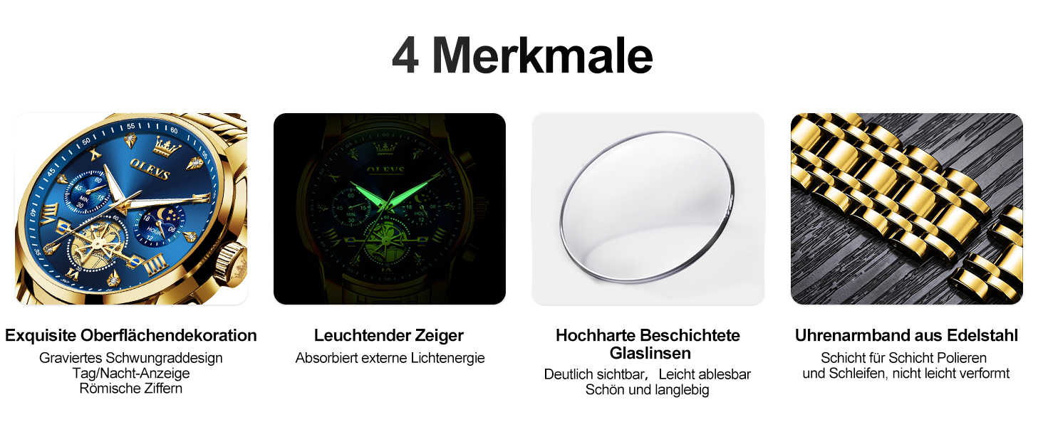 Годинник чоловічий OLEVS з металевим ремінцем, кварцовий, з місячною фазою, хронограф, водостійкий (2856 Blue / Gold)
