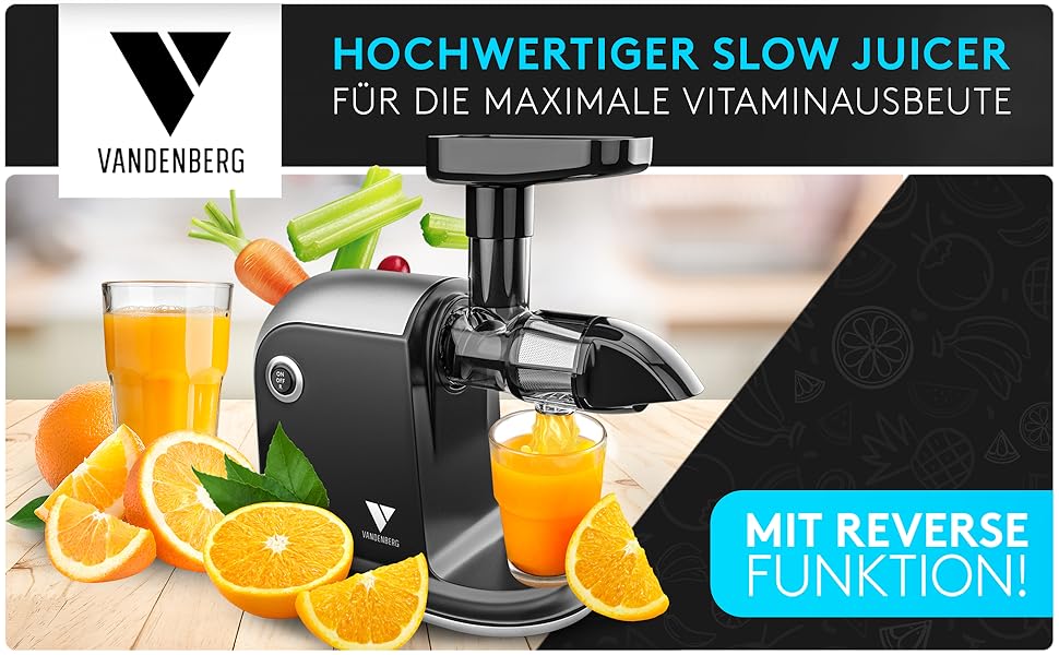 Vandenberg Slow Juicer - повільний відцентровий соковичавник для овочів та фруктів, 150W, з функцією реверсу, BPA Free