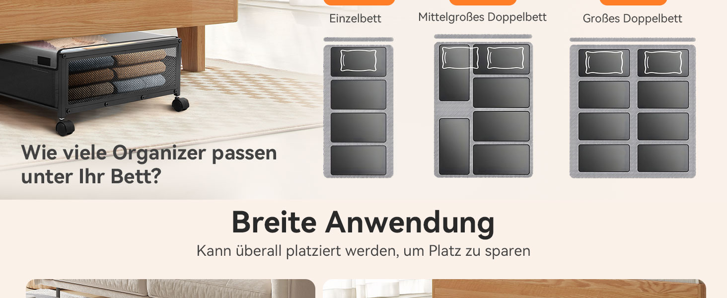 Підліжкова комода з колесами 2 шт., 48 л, ящик для зберігання під ліжком з кришкою та металевим каркасом, складана підліжкова коробка з колесами для одягу, постільної білизни, взуття, 48 л * 2, липучка