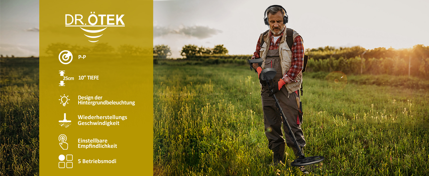 Металодетектор DR.ÖTEK Profi Set: легкий, для дітей та дорослих, з точним визначенням місця знахідки, режимами пам'яті та водонепроникною котушкою, 5 режимів, висока точність, комплект з лопаткою