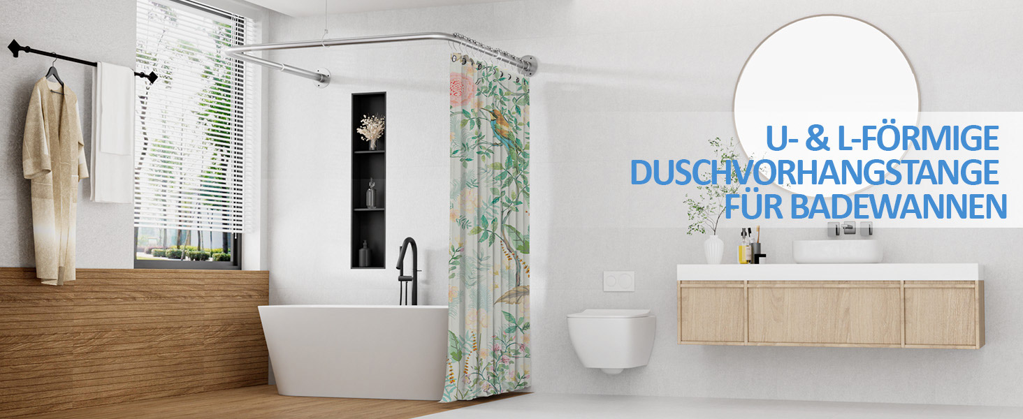 Регульована душова штанга U-подібної/L-подібної форми, 60-92 x 78-196 x 60-92 см, з 12 кільцями для шторки та підпоркою для стелі, для ванни/ванної кімнати, срібна