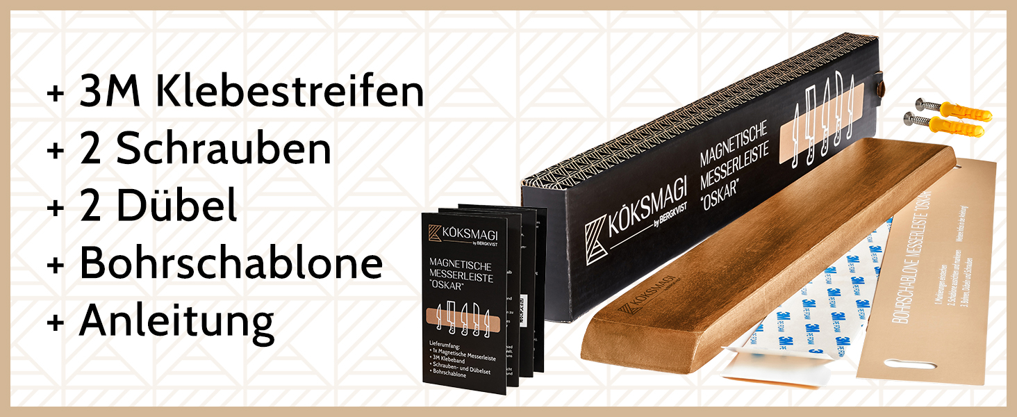 KÖKSMAGI® Magnetic Knife Strip OSKAR (40 cm) - magnetic wooden knife strip with an extremely strong magnet for heavy knives - self-adhesive (3M adhesive tape) & with drilling accessories