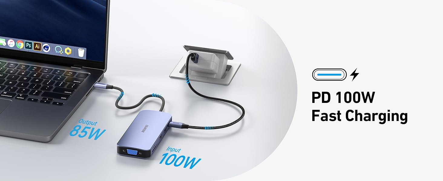 Док-станція BENFEI USB-C MST Hub - 11 в 1: 2HDMI 4K, VGA, 3 x USB 3.0, SD/TF, Ethernet, PD 100W, 3.5mm Aux для MacBook, XPS, Surface (Сірий)