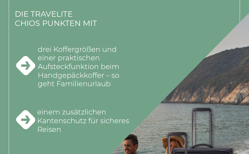Чемодан Travelite Chios L, 78 см, 90-97 л, чорний: м'яка оболонка, захист кутів, розширюваний
