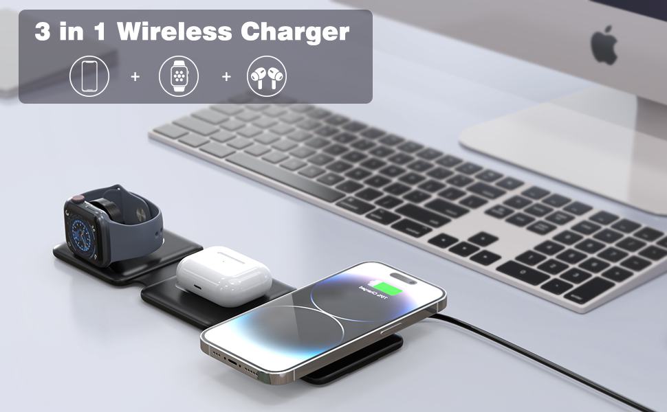 Зарядна станція MagSafe для iPhone: бездротовий зарядний пристрій 3-в-1, сумісний з iPhone 16/15/14/13/12 Pro Max Plus, iWatch, чорний