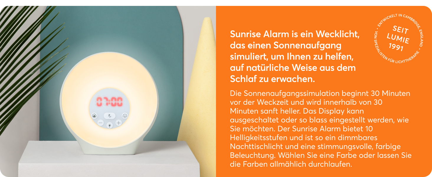 Світловий будильник Lumie Sunrise з ефектом сходу та заходу сонця, звуками та атмосферним підсвічуванням