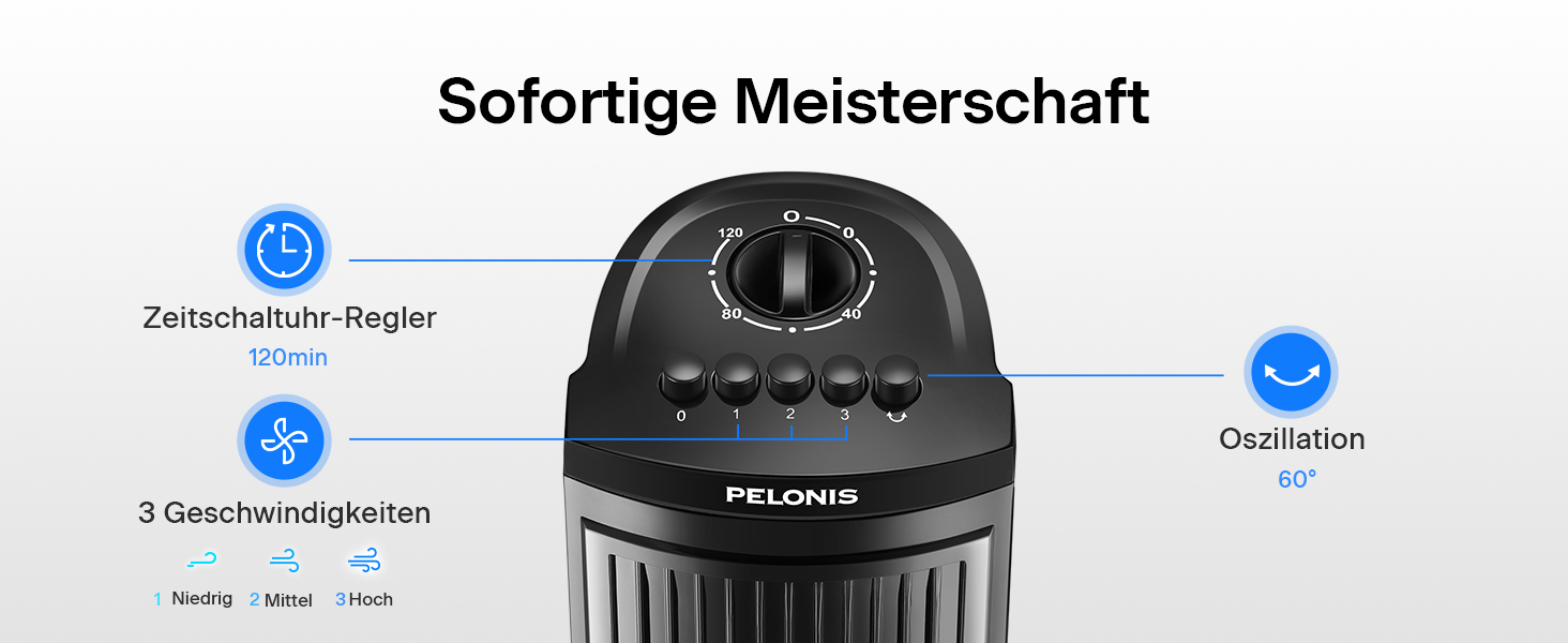 PELONIS 76 см Турбовентилятор з осциляцією, 3 швидкості, таймер 8H, тихий та компактний для дому/офісу (чорний)