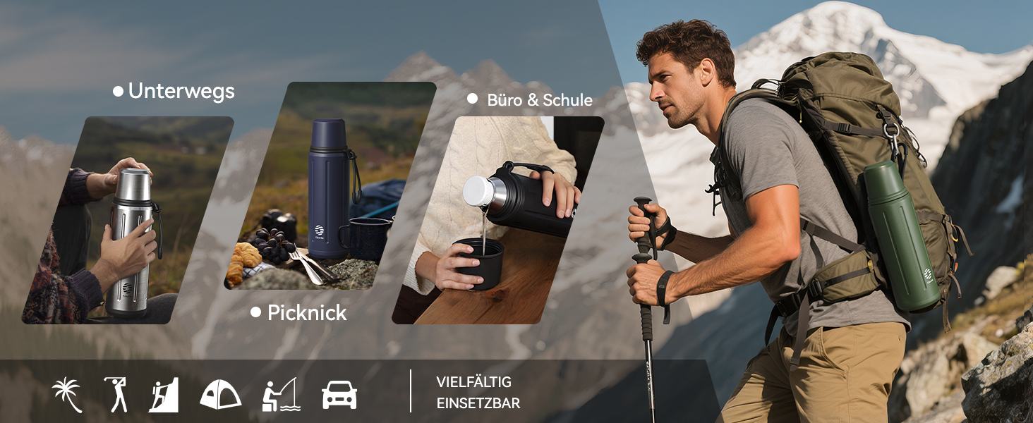 Термос Healter Thermoskanne 1л з чашкою (72 години холод & 24 години гаряче) - термофляга для кави, чаю, офісу, школи (зелений)