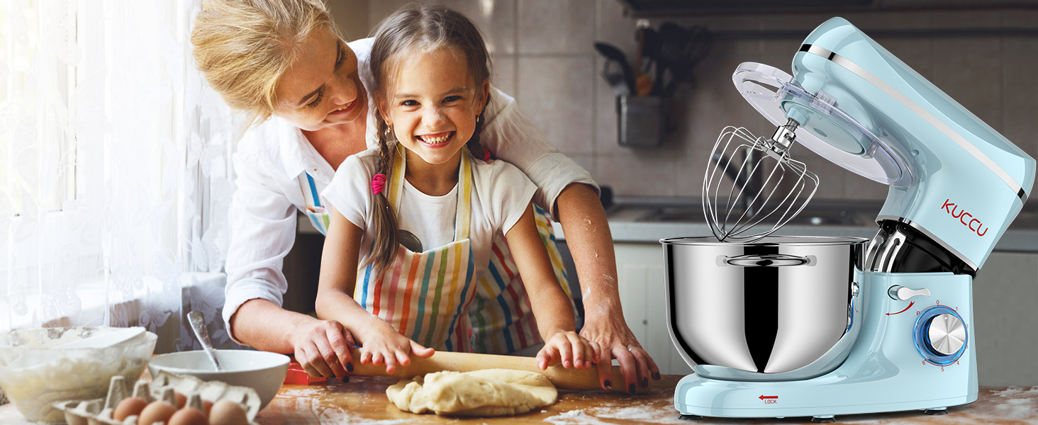 Кухонна машина (планетарний міксер) 1500W з чашею 7л з нержавіючої сталі, 6 швидкостей + імпульсний режим, набір насадок (гак, вінчик, міксер), колір: синій