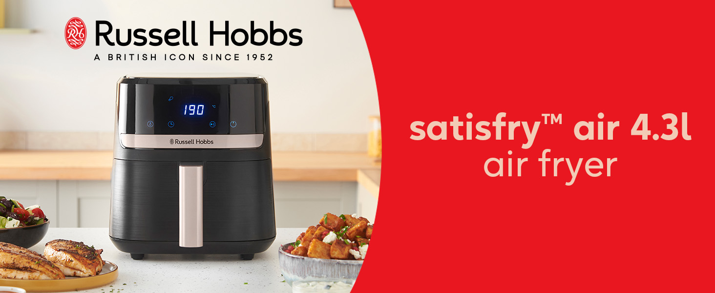 Russell Hobbs Rapid Air Fryer 4.3L - Quiet & Compact Air Fryer with 9 Programs, Touchscreen, Grill, Bake & Fry