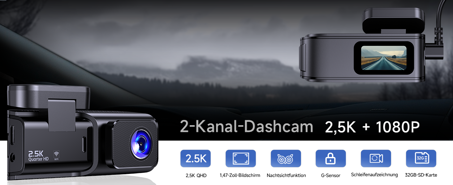 Автомобільний відеореєстратор Dashcam Dual 2.5K + 1080P з WiFi, 32GB SD-картою, ширококутним об'єктивом 170°, нічним баченням та датчиком удару G-сенсором, чорний