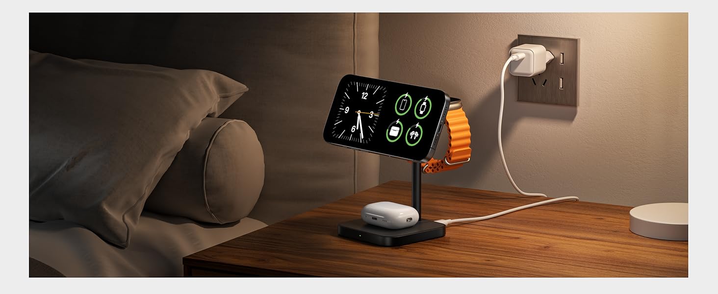 Станція зарядки LULULOOK Qi2 MagSafe 3-в-1 з алюмінію для Apple Watch та iPhone, 15W швидка зарядка для iPhone 17 Pro Max/17 Pro/17 Air/17, 5W для Apple Watch Ultra, AirPods, Титан (Чорний)