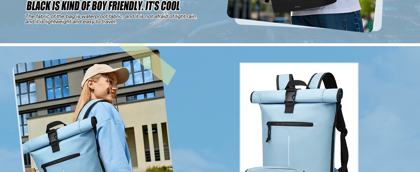 Чорний рюкзак YTL Rolltop з відділенням для ноутбука 17 дюймів. Ідеальний для подорожей, школи, університету, велопоїздок.